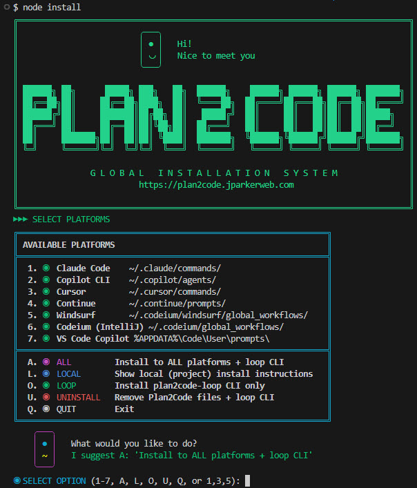Plan2Code global installation terminal interface showing platform selection menu