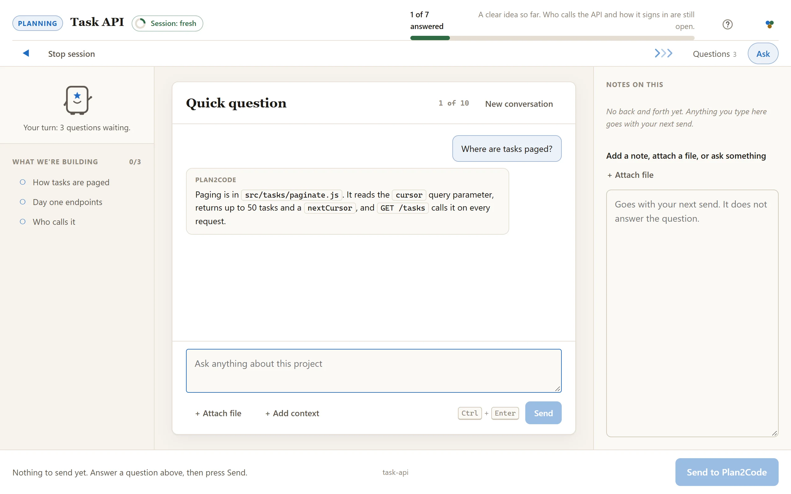 The Ask tab: the question Where are tasks paged? and Plan2Code's answer naming the file.