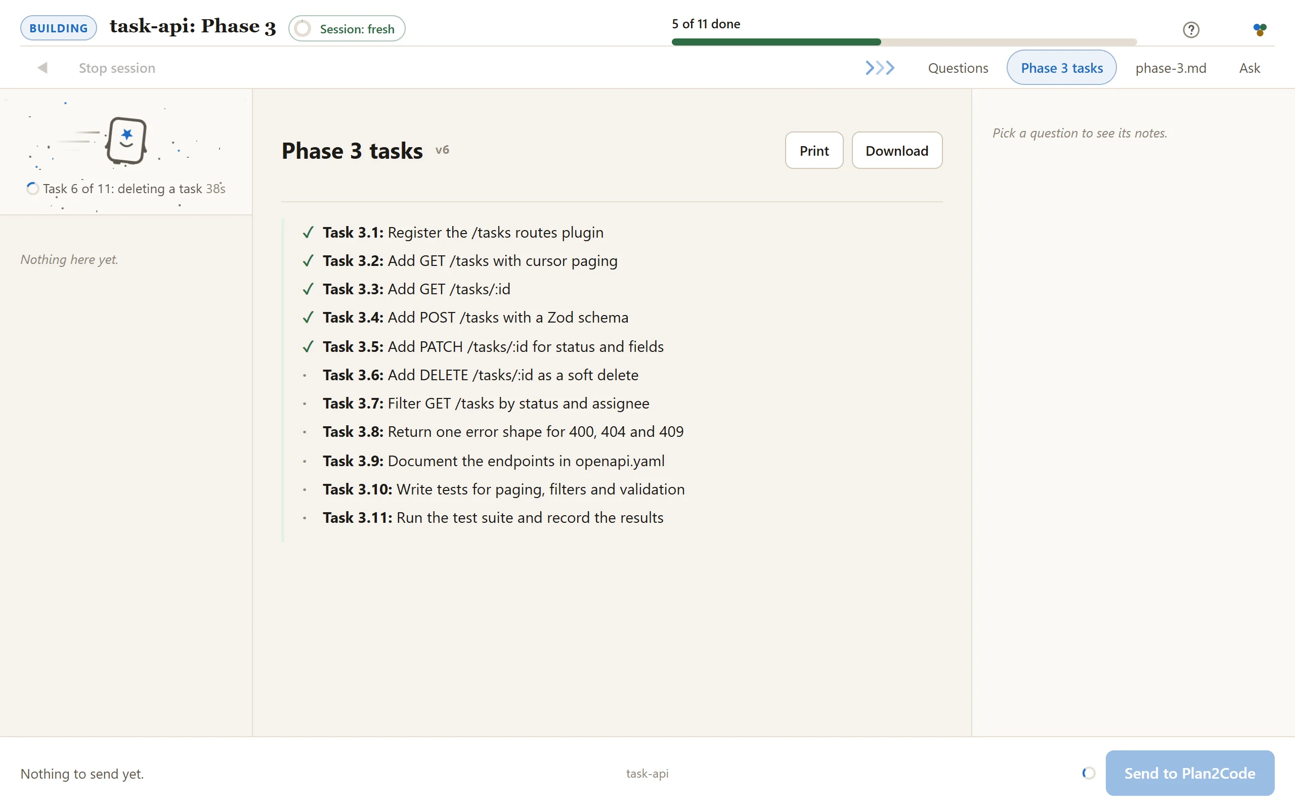A phase of a task API being built: 5 of 11 done on the progress bar, and the phase's task list with the first five ticked.