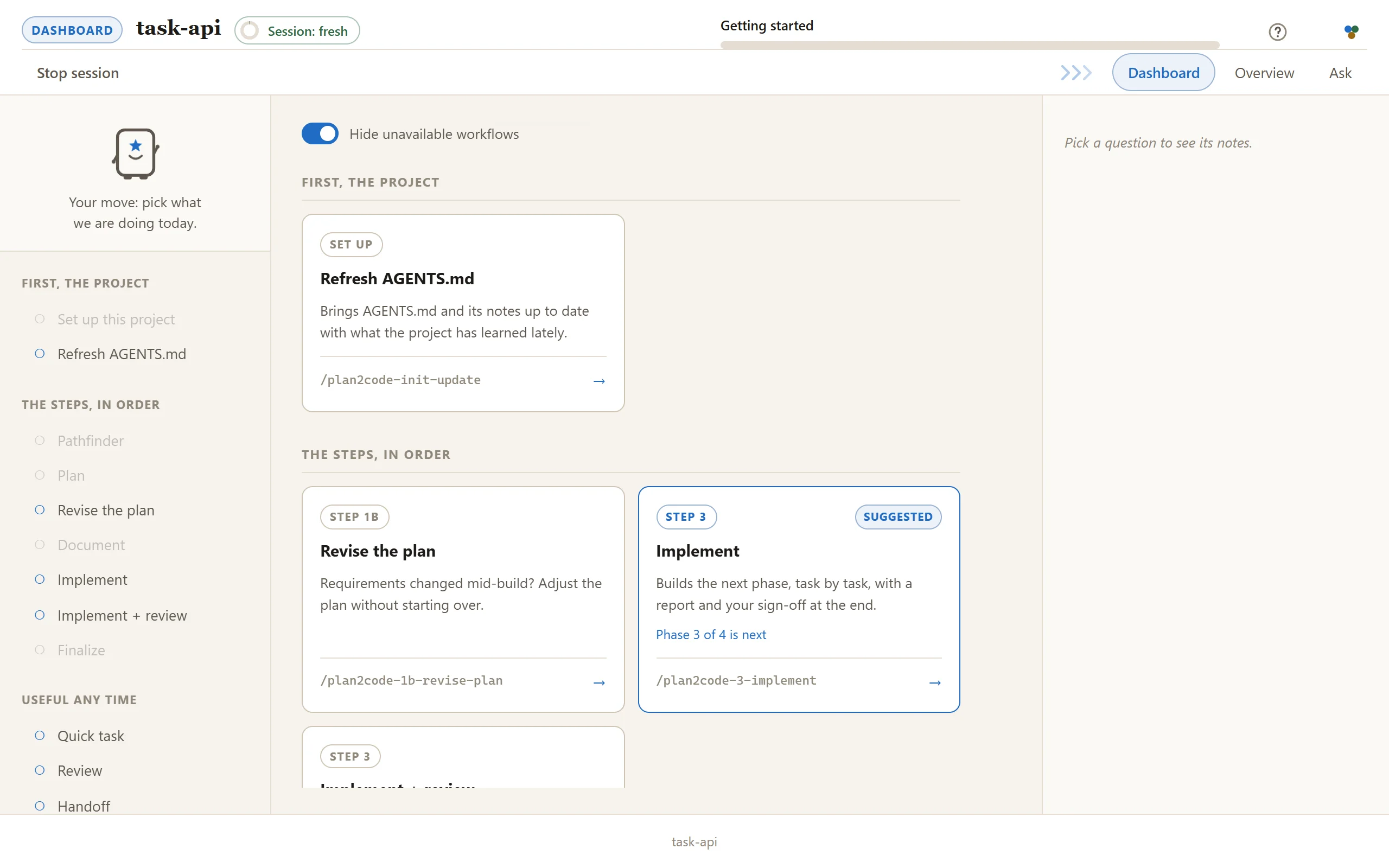 The Plan2Code dashboard for a task API that is half built: a Set up card, then the steps in order, with the Implement card marked Suggested and reading Phase 3 of 4 is next.
