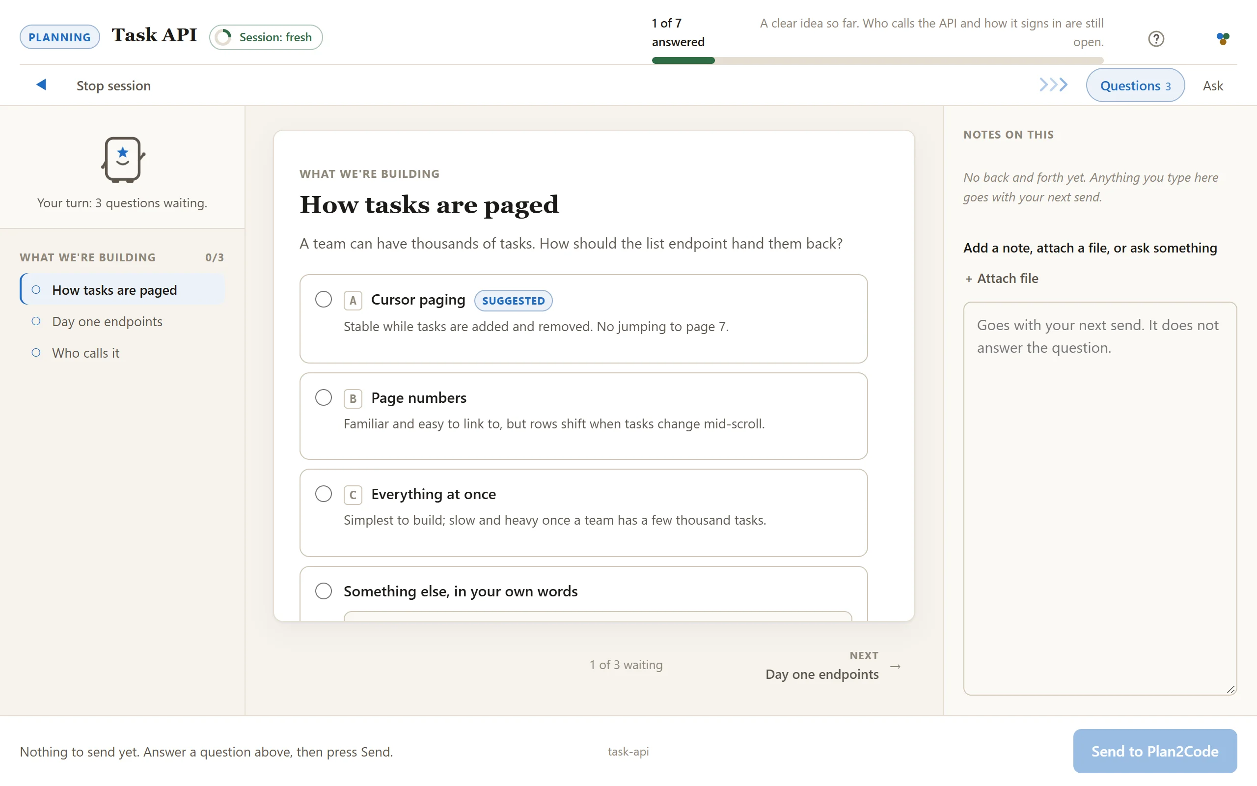 A Plan question card, How tasks are paged, with three options, the first marked Suggested, each with its trade-off underneath.